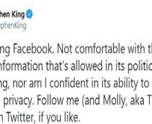 Stephen King:  “I’m Quitting Facebook”